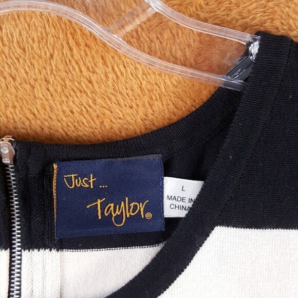 JUST TAYLOR Womens Dress Large Ivory Black Stripe Fit Flare Midi Knit - Picture 2 of 7